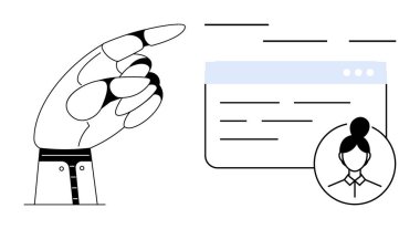 Kullanıcı profili simgesi ve metin düzeni ile dijital arayüzü gösteren mekanik el. Teknoloji, otomasyon, yapay zeka, insan-makine etkileşimi, yenilik, kullanıcı deneyimi için ideal, basit düz