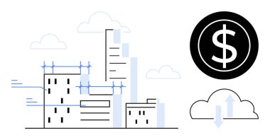 Yüksek binalar yapım aşamasında, bir dolar madeni para ve oklu bir bulut. Finans, yatırım, kentsel planlama, bulut teknolojisi, mimari refah veri transferi için ideal. Basit düz