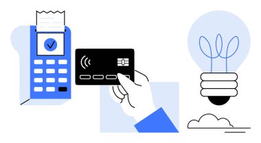 Kredi kartı ve ödeme terminali NFC teknolojisi ile bağlantılı. Kıvılcım ampulü yeniliği, ekolojik bilinci ve teknolojiyi sembolize eder. Finans, perakende, yenilik, sürdürülebilirlik ve modern için ideal