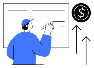 Güvertede yazan kişi, üzerinde dolar işareti olan oklar büyüme, ilerleme ve başarıyı simgeliyor. Basit iş, finans kavramları, eğitim, planlama, strateji hedefleri için ideal