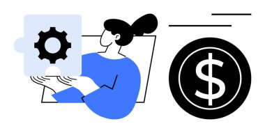 Büyük paraların yanında dişli yapboz parçası tutan kadın figürü, problem çözme, finansal planlama ve takım işbirliği ima etmek için birleşti. Strateji, yenilik, başarı ve finans için ideal