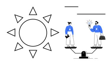 Enerji ve yenilik için bir güneş ikonunun yanında fikir alışverişinde bulunan iki birey. Takım çalışması, işbirliği, denge, yaratıcılık, güç dinamikleri, enerji yönetimi, sorun çözme için ideal