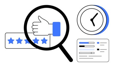 Baş parmağın üstündeki büyüteç, yıldız reytingleri, saat ve grafikler verimlilik, geri bildirim ve değerlendirme öneriyor. Analiz, performans, üretkenlik müşteri deneyimi değerlendirmeleri için ideal zaman