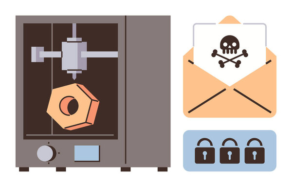 3D принтер, создающий объект, конверт с значком тревоги взлома, блокировки кибербезопасности. Идеально подходит для технологических рисков, защиты данных, хакерской предосторожности, обучения цифровой безопасности, осведомленности о вредоносных программах, 3D
