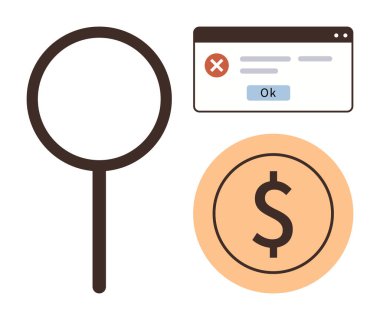 Büyüteç, tamam düğmeli hata penceresi ve dolar işareti. Arama, sorun giderme, hata yönetimi, finans, para sorunları, çevrimiçi işlemler ve basit bir düz metafor için ideal