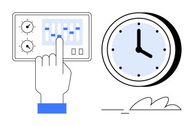 Yakınlarda analog saati olan ince ayar kontrol paneli kaydırıcıları. Zamanlama için ideal, zaman verimliliği, görev planlaması, iş akışı optimizasyonu, karar verme süreci, zaman izleme, basit düz metafor