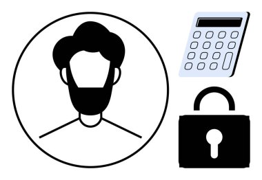 Bir çemberdeki profil simgesi, kilitli bir asma kilit ve veri koruması, şifreleme ve kullanıcı kimlik doğrulamasını vurgulayan bir hesap makinesi. Kimlik, siber güvenlik, gizlilik, erişim denetimi için ideal