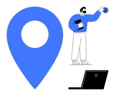 Büyük mavi lokasyon rozeti, para ve defter tutan işadamı, açık dizüstü bilgisayar. İş stratejisi, konum pazarlama, finans, çevrimiçi hizmetler, uzaktan çalışma, taşınabilirlik basit daire