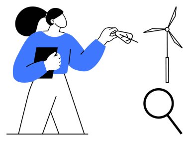 Elinde defter tutan kadın rüzgar türbininin yanındaki yaprağı inceliyor ve cam ikonları büyütüyor. Ekoloji, yenilik, araştırma, sürdürülebilirlik, temiz enerji, çevre bilinci, eğitim için idealdir. Basit.