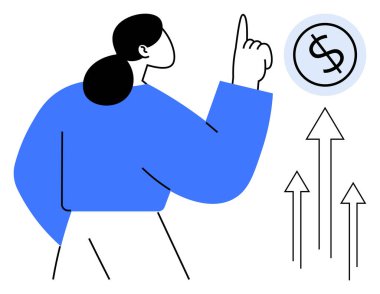 Yükselen oklarla çevrili bir dolar işaretini işaret eden bir kadın. Finans, iş geliştirme, yatırım, ekonomik büyüme, başarı, strateji ve motivasyon için ideal. Basit düz metafor
