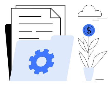 Dişli bir klasör, dokümanlar, para ikonu yetiştiren bir bitki, minimum bulut aksanı. Finans, iş stratejisi, yatırım, üretkenlik yenilikçi büyüme ekonomisi için idealdir. Basit düz metafor