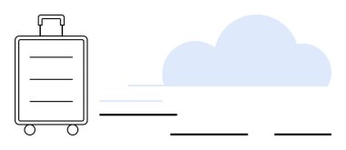 Yumuşak mavi bir bulutun yanında hareket halindeki tekerlekleri olan modern bavul. Seyahat, tatil, macera, hava yolculuğu, hareketlilik, sadelik, modern yaşam tarzı için idealdir. Basit düz metafor ifade eder