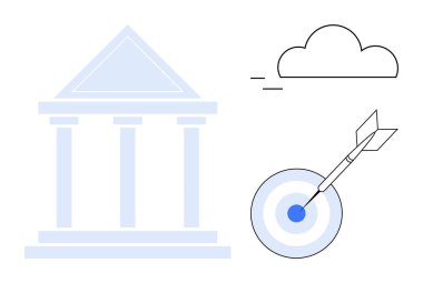 Sütunlu hükümet binası, ok merkezli dart tahtası ve hareket eden bulut. Strateji, yönetim, başarı, yenilik, politika odaklanma ve hedef belirleme için idealdir. Basit düz metafor