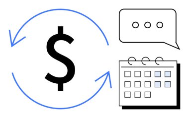 Yuvarlak okları olan dolar işareti, bir takvim ve bütçeleme, tekrarlanan ödemeler ve iletişim öneren bir sohbet balonu. Finans, zamanlama, yönetim, verimlilik tasarrufu planlama için ideal