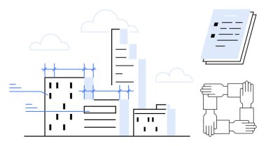 Yapım aşamasındaki planlardan esinlenilmiş binalar, birbirine bağlı eller ve mühendislik belgeleriyle sembolize edilen takım işbirliği. Mimarlık, takım çalışması, mühendislik, kentsel planlama için ideal