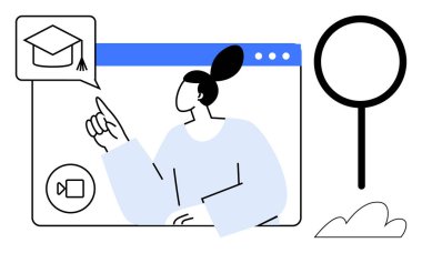 Sanal tarayıcı ile etkileşime giren bir kadın mezuniyet şapkası, büyüteç, bulut. Eğitim için ideal, webinarlar, e-öğrenim, akademik rehberlik, sanal eğitim, basit düz bilgi