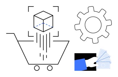 Dijital ürünleri temsil eden bir alışveriş arabası, otomasyonu sembolize eden bir vites, ve ödeme için para tutan bir el arabası. Çevrimiçi alışveriş, e-ticaret, otomasyon, ödeme çözümleri, perakende satış için ideal