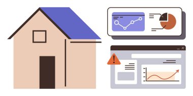 Analitik grafiklerin yanındaki ev, pasta grafiği ve veri izleme, verimlilik izleme ve güvenliği temsil eden uyarı sembolü. Gayrimenkul, enerji yönetimi, akıllı teknoloji, veri görselleştirme için ideal