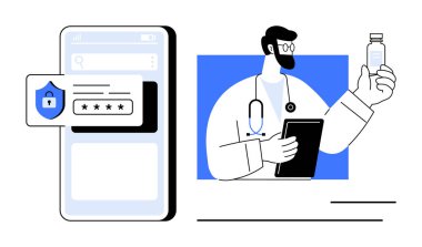 Doktor elinde bir tablet tutarken ilaç şişesini inceliyor. Akıllı telefon ekranı güvenli parola girdisi gösteriyor. Sağlık, teletıp, veri güvenliği, dijital sağlık, tıbbi yenilik, güven için ideal