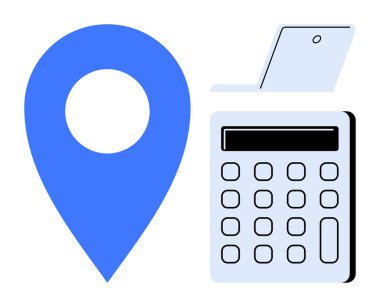 Mavi iğne ve dikdörtgen düğmeli açık gri hesap makinesi ve ekran. Finans, navigasyon, bütçe, analiz, istatistik, teknoloji ve eğitim için ideal. Temiz düz metafor