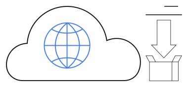 Küre sembollü bir bulut, açık bir kutuyu gösteren bir ok indir. Veri depolama, bulut hizmetleri, küresel bağlantı, yazılım indirme, veri paylaşımı, teknoloji entegrasyonu, basit düz