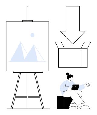 Üçgen elementli resim sehpası, aşağı doğru oklu kutuyu aç, dizüstü bilgisayarla çalışan kişi. Basit bir dairede yaratıcılık, üretkenlik, öğrenme, tasarım, planlama, paketleme ekibi iş akışı için ideal