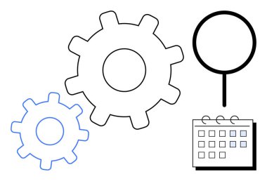 Birbirine bağlı vitesler, büyüteç ve takvim verimlilik, araştırma, optimizasyon, planlama, takım çalışması öneriyor. İş için ideal, analiz stratejisi verimlilik zaman yönetimi