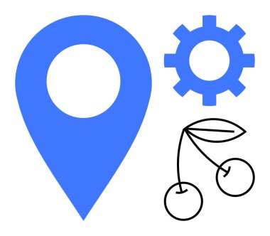 Navigasyon için mavi rozet, iş süreçlerini sembolize eden vites ve doğal temalar için vişne. Teknoloji, seyahat, gıda endüstrisi, üretkenlik, basitlik, minimalizm ve modern tasarım için ideal