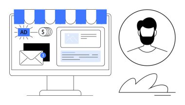 Online ekran görüntüleme, reklam yerleştirme, e-posta bildirimleri ve e-ticaret araçları. Kullanıcı profili çemberi ve yakınlardaki soyut elementler. Pazarlama, e-ticaret ve reklam için ideal.