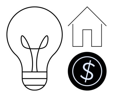 Ampul, ev ve dolar madeni para enerjiyi, evi ve finansal planlamayı ön plana çıkarıyor. Enerji verimliliği, tasarruf, konut, temiz enerji yeniliğinin bütçelendirilmesi ve maliyet yönetimi kavramları için ideal