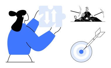 Kadın bulmaca parçalarını yön oklarıyla inceliyor. Madeni paralar dökülür, finansal riskleri vurgular, hedef dartı ise hassasiyet ve başarıyı gösterir. Takım çalışması ve hedef belirleme için ideal