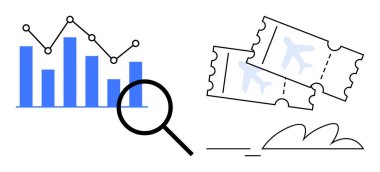 Çizgiyle, büyüteçle, uçak biletleriyle ve ileri bakan okla bağlı veri noktaları olan çubuk grafiği. Seyahat analizleri, piyasa eğilimleri, bilet rezervasyonu, turizm anlayışı, iş dünyası için ideal