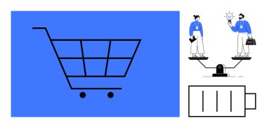 Alışveriş arabası, profesyonelleri dengeleyen stilize teraziler ve kararları, rekabeti, kaynak yönetimini görselleştiren pil göstergesi. İş için ideal, iş-yaşam dengesi, perakende analizi, enerji
