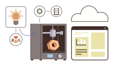3D yazıcı çokgen nesne, bulut arayüzü, fikirler için ampul, teçhizat, planlama için kontrol listesi üretiyor. Üretim, yenilik, teknoloji, yaratıcılık araştırma tasarımı için ideal basit düz