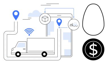 GPS güzergahını takip eden kargo kamyonu, paket ve kamyon simgeleriyle mobil uygulama takibi, kablosuz bağlantı, para işareti. Lojistik, dağıtım, e-ticaret, teknoloji, finans izleme bağlantıları için ideal