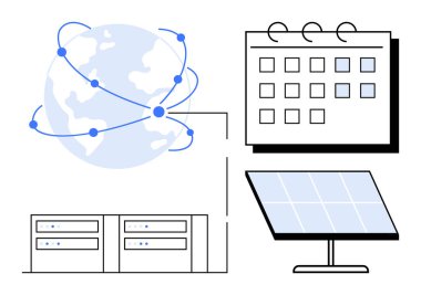 Bağlı noktalar, takvim, sunucu rafları, ağları, planlamayı, enerjiyi ve temiz teknolojiyi simgeleyen güneş paneli. Sürdürülebilirlik, yenilik teknolojisi enerji verileri için ideal