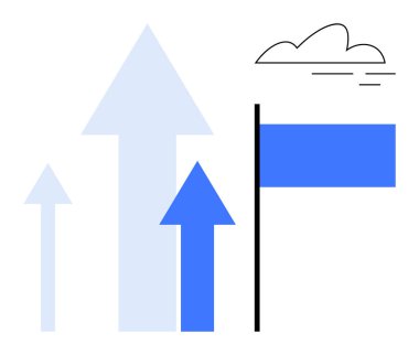 Yukarı bakan mavi oklar, bir bulut altındaki başarıyı temsil eden bir bayrak eşliğinde büyüme ve ilerlemeyi sembolize ediyor. Başarı için ideal, hedefler, ilerleme, büyüme, başarı, strateji