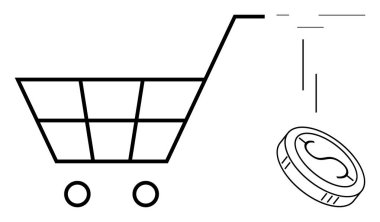 Şebeke tasarımı ve düşen madeni paraya sahip alışveriş arabası tüketim, bütçe yönetimi ve mali kararları çağrıştırıyor. Perakende, ekonomi, e-ticaret, tasarruf, yatırım ve finans için ideal
