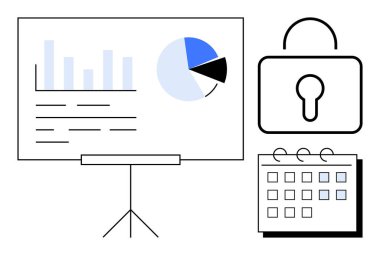 Sunum tahtasında analiz çizelgesi, güvenlik sembolü ve planlama takvimi. Veri koruması, iş stratejisi, programlama, gizlilik, siber güvenlik, analiz ve planlama için ideal