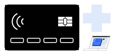Çip ve sinyal ikonlu temassız ödeme kartı, dijital arayüzlü laptop. Fintech, online bankacılık, siber güvenlik, ödeme işlemleri, dijital ticaret, kolaylık, teknoloji için ideal