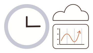 Yukarı doğru eğilimli bir grafik içeren bir bulutun yanında saat. Üretkenlik, zaman izleme, bulut analizleri, iş büyümesi, tahminler, veri yönetimi, basit düz metafor