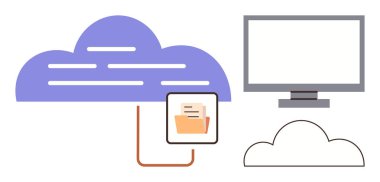 Bir dosya dizinine ve bilgisayar monitörüne bağlı büyük bulut grafiği, aygıtlar için veri paylaşımı gösteriliyor. Teknoloji, bulut hesaplama, uzaktan erişim, dosya yönetimi, veri depolama için ideal