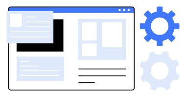 İçerik kutuları, ızgara ögeleri ve ayarları veya işlemleri temsil eden viteslerin yer aldığı bir web sitesi düzeni. Web tasarımı, geliştirme, kullanıcı arayüzü, dijital araçlar, optimizasyon, teknik