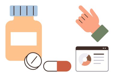 İlaç şişesi, tablet, kapsül, analitik tablonun yanı sıra veriye dayalı sağlık hizmetlerini gösteren el işaretleri. Üretkenlik, sağlık hizmetleri yeniliği, tıbbi tasarım, sağlık ve araştırma için ideal