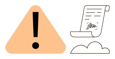 Bulut görüntüsü üzerine imzalı bir belgeyle eşleştirilmiş bir üçgende ünlem işareti. Uyarı için ideal, uyum, dijital imza, veri koruması, çevrimiçi anlaşma, siber güvenlik, basit daire