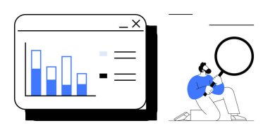 Ekranda görünen bar çizelgesi analizi ve elinde büyüteç tutan bir adam detayları inceliyor. Veri, analitik, araştırma, strateji, sorun çözme, iş büyümesi için ideal, basit düz metafor