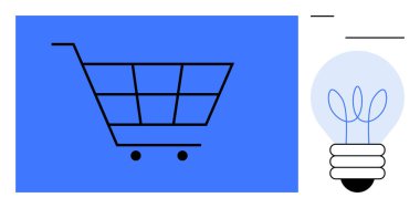 Parlayan ampulün yanında asgari hatlı alışveriş arabası yeniliği temsil ediyor. Ticaret, perakende satış, yaratıcılık, yenilik, iş stratejisi, online alışveriş, tasarım için ideal. Basit düz