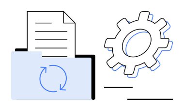 Dosya organizasyonunu, senkronizasyonu ve otomasyonu sembolize eden bir dişlinin yanında kağıt ve dairesel oklar olan klasör. Çalışma akışı, üretkenlik, dijital araçlar, yönetim, optimizasyon için ideal