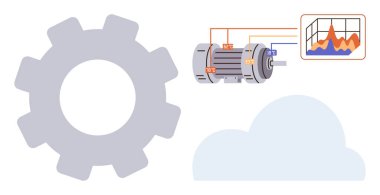 Kablo şeması ve veri grafiği ile birlikte analitiği, bulut uygulamasını ve verimliliği temsil eden motorun yanında vites. Üretim, IOT, bulut hesaplama, mühendislik, bakım, analiz için ideal