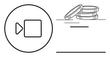 Medya oyun ikonu ve madeni para yığını dijital video monetizasyonunu, kazançları veya yayın platformlarını sembolize eder. Çevrimiçi iş için ideal, içerik yaratıcıları, reklamcılık, kazançlar, ecommerce, yatırım